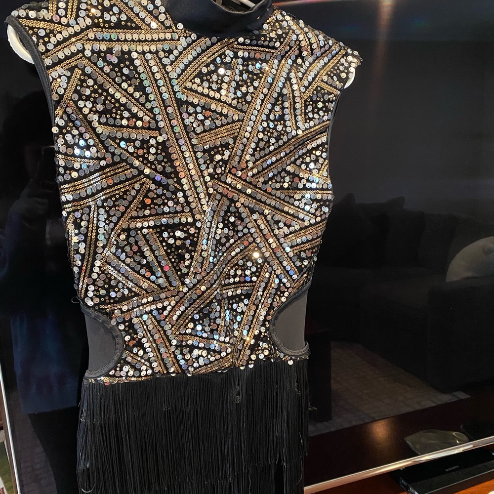 Weissman Balera black sequin tap jazz womens dance costume. Tassels at bottom.